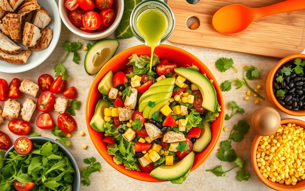 assembling Mexican chicken salad