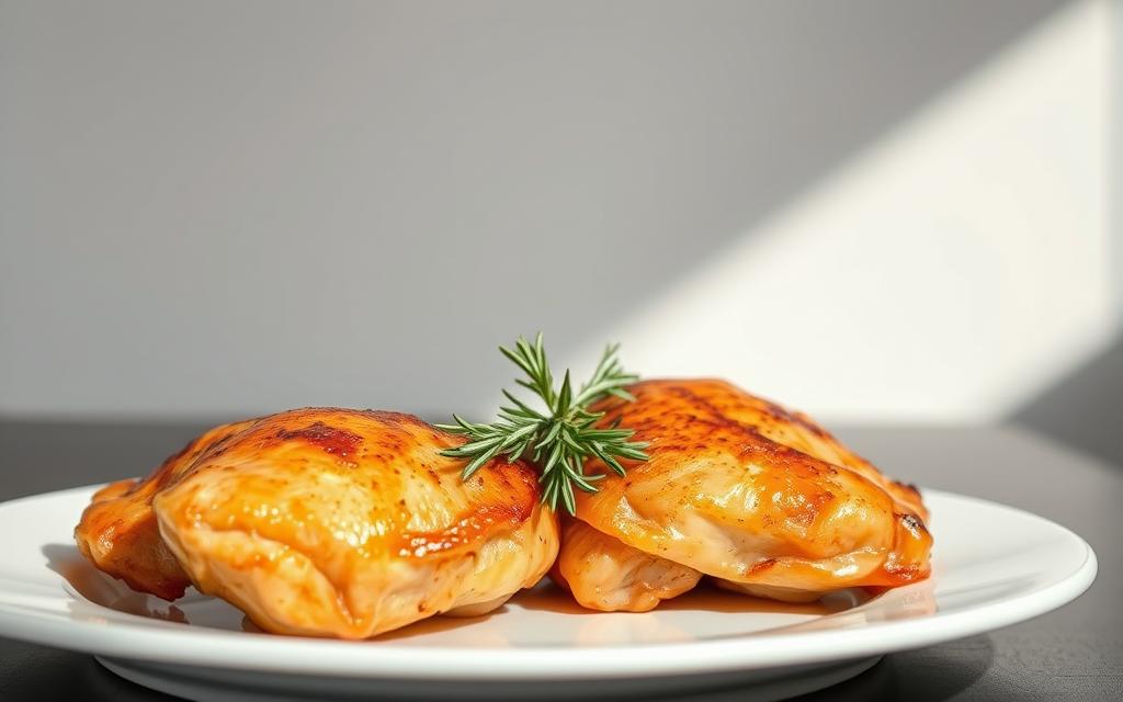 A beautifully lit image of a broiled chicken dish against a minimalist background. The chicken is golden-brown, glistening with juices, and sitting atop a simple white plate. The lighting is soft and natural, casting gentle shadows that accentuate the texture of the meat. In the middle ground, a small bundle of fresh herbs, such as rosemary or thyme, adds a touch of color and aroma. The background is a clean, uncluttered space, allowing the focus to remain on the perfectly cooked, oil-free chicken. The overall atmosphere is one of simplicity, elegance, and the delicious, healthy results of broiling as an oil-free cooking technique.