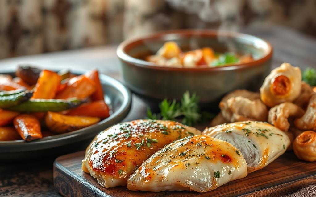 A delectable assortment of oil-free chicken dishes, steaming with savory aromas, sit atop a rustic wooden table. In the foreground, a juicy chicken breast glistens with a light glaze, complemented by a side of tender, herb-infused roasted vegetables. In the middle ground, a hearty chicken and vegetable soup simmers in a ceramic bowl, releasing fragrant steam. The background is softly illuminated, casting a warm glow over the scene, highlighting the natural textures of the ingredients. The overall composition conveys a sense of simple, wholesome, and flavorful cooking, without the need for excessive oil.