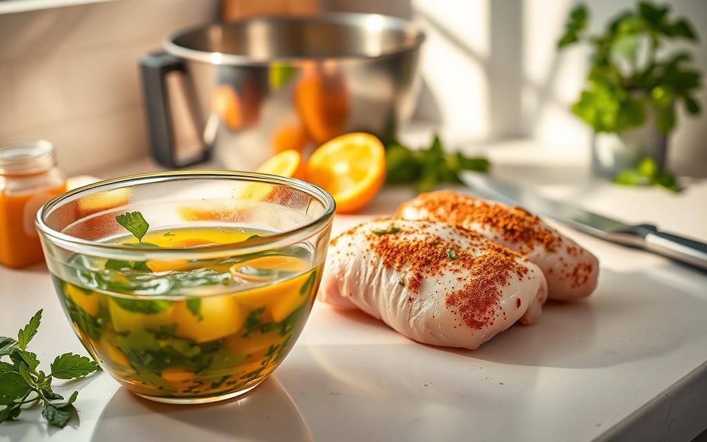 A kitchen countertop with various ingredients and tools for marinading chicken, bathed in warm, natural lighting. In the foreground, a glass bowl filled with a vibrant marinade of herbs, spices, and citrus juices. Beside it, a whole chicken breast seasoned with a dry rub, ready to be submerged in the marinade. In the middle ground, a stainless steel mixing bowl and a sharp knife, conveying the idea of preparation and attention to detail. The background features a clean, minimalist space with hints of greenery, suggesting a healthful, lean cooking approach. The overall atmosphere is one of culinary artistry, efficiency, and the celebration of flavors without the use of oil.