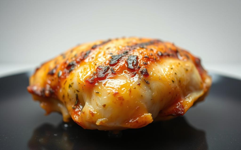 A mouthwatering, perfectly baked chicken breast, its golden-brown skin glistening under soft, natural lighting. The succulent meat stands out against a clean, minimalist background, allowing the dish's simple elegance to shine. Crisp edges give way to a juicy, tender interior, enhanced by a blend of aromatic herbs and spices. This healthy, oil-free preparation showcases how delicious chicken can be when baked to perfection, without the need for added fats. The camera angle captures the dish at an eye-level perspective, drawing the viewer in to appreciate the dish's inviting textures and aromas.