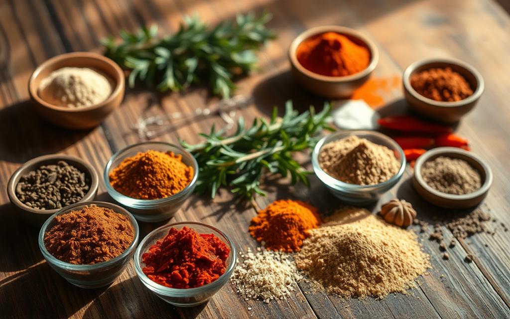 A wooden table with an assortment of fragrant spices, herbs, and seasonings artfully arranged. In the foreground, an array of dry rubs, crushed red pepper flakes, paprika, garlic powder, and onion powder in small bowls. The middle ground features fresh sprigs of rosemary, thyme, and oregano, their vibrant colors and textures contrasting with the weathered table. Soft, natural lighting bathes the scene, creating warm shadows and highlights that accentuate the rich colors and textures. The overall mood is one of culinary inspiration and wholesome, oil-free cooking.